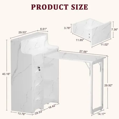 Foldable Nail Desk for Nail Tech, Portable Manicure Table, L Shape Nail Table with Power Outlets & Lockable Drawer &