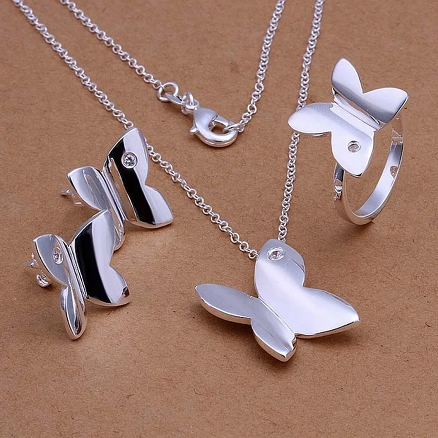 

925 Sterling Silver Wedding Jewelry Cute for Women Lady Girl Gift Butterfly Pendant Necklace Stud Earrings Ring Set