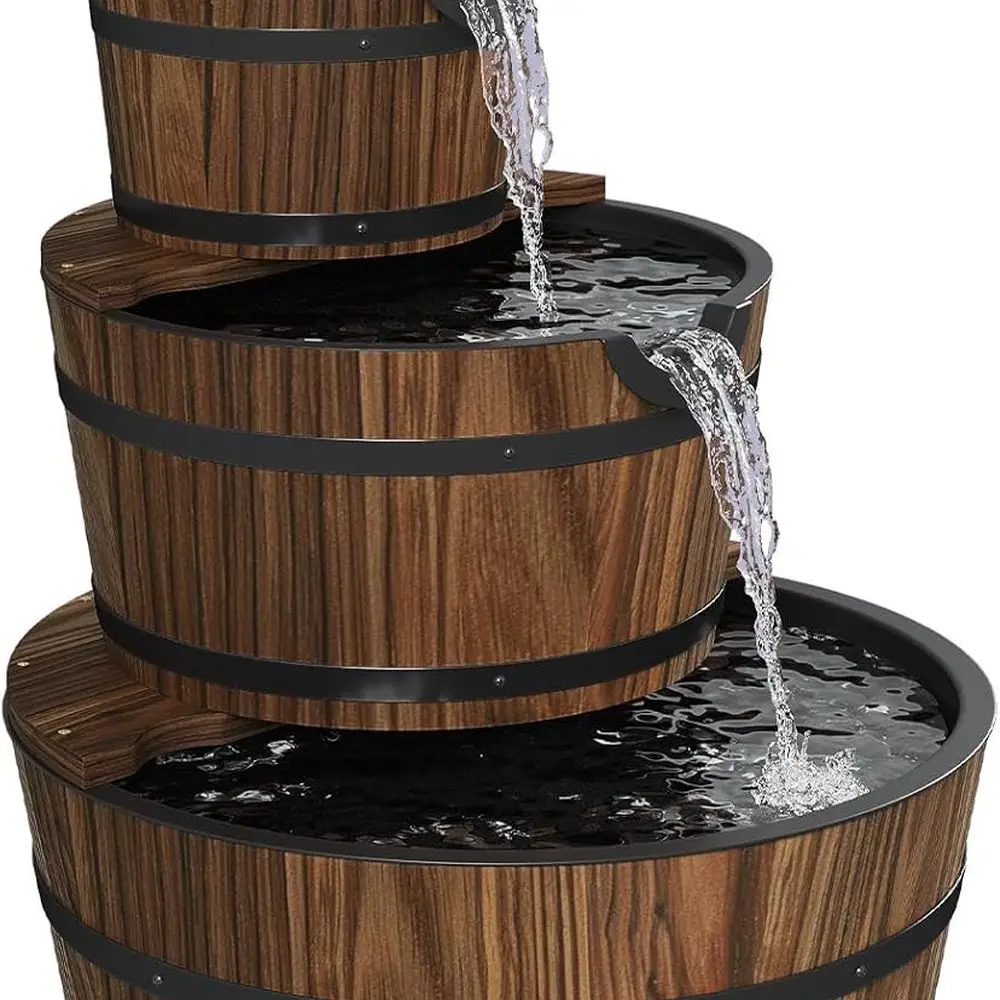 

Rustic Wooden Barrel Water Feature with Electric Decor, 3-Tier Outdoor Fountain for Garden, Patio, and Yard