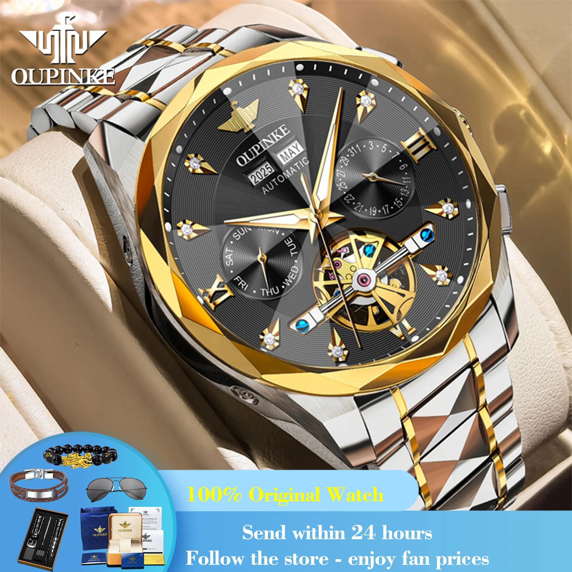 

OUPINKE 3316 Men's Watch Original Classic Waterproof Rhombus Mirror Mechanical Watch For Men Hollow Auto Date Luxury Wristwatch