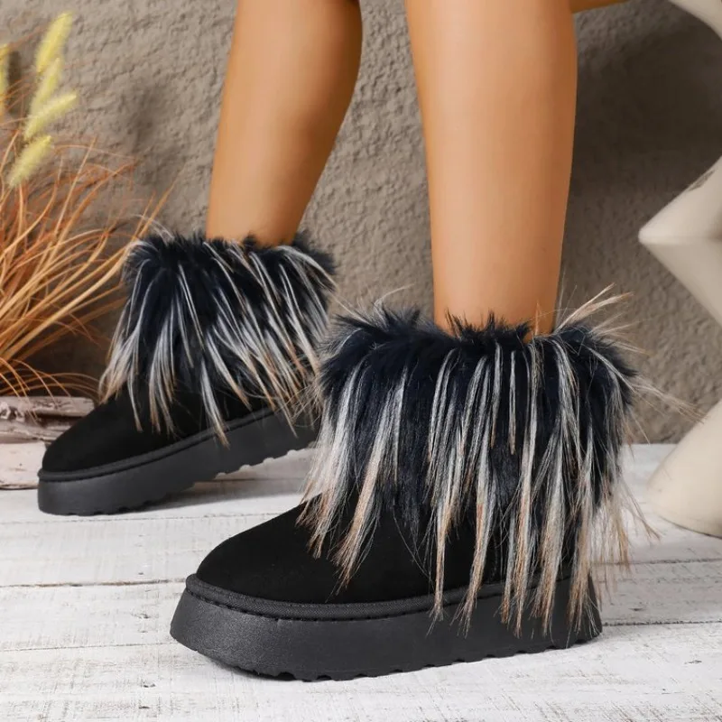 

Women Faux Fur Boots Winter Fluffy Plush Warm Mid Calf Snow Boots Luxury Fashion Furry Boots Comfortable Outdoor Flat Shoes 42