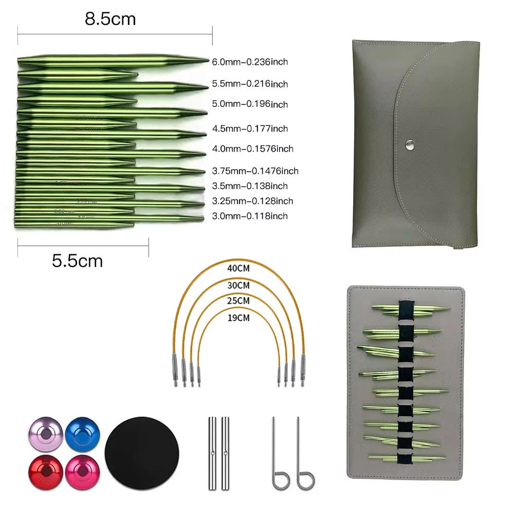 

Набор зеленых спиц 5 + 8 см, сменные круглые спицы, 9 пар алюминиевых игл премиум-класса и аксессуары