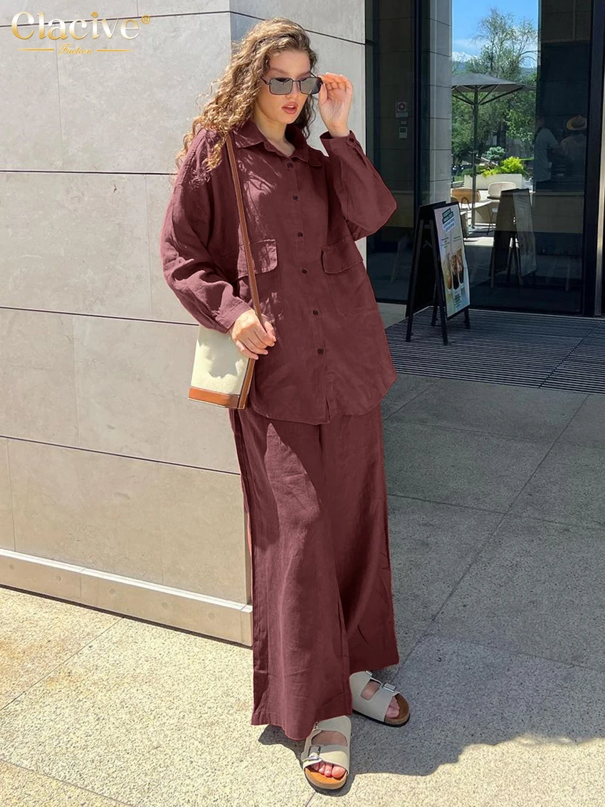 Clacive Fashion Loose Solid Cotton 2 Piece Sets Women Outfit Elegant Long Sleeve Blouse With High Waist Wide Pants Set Female