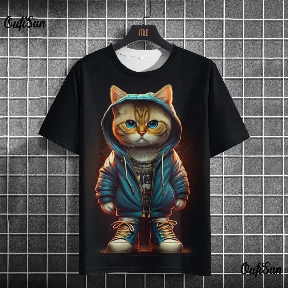 Punk Style Men's T-shirts 3D Cool Cat Print Short Sleeve T shirt Fashion Personality T shirt Outdoor Sports Tops Summer Clothing