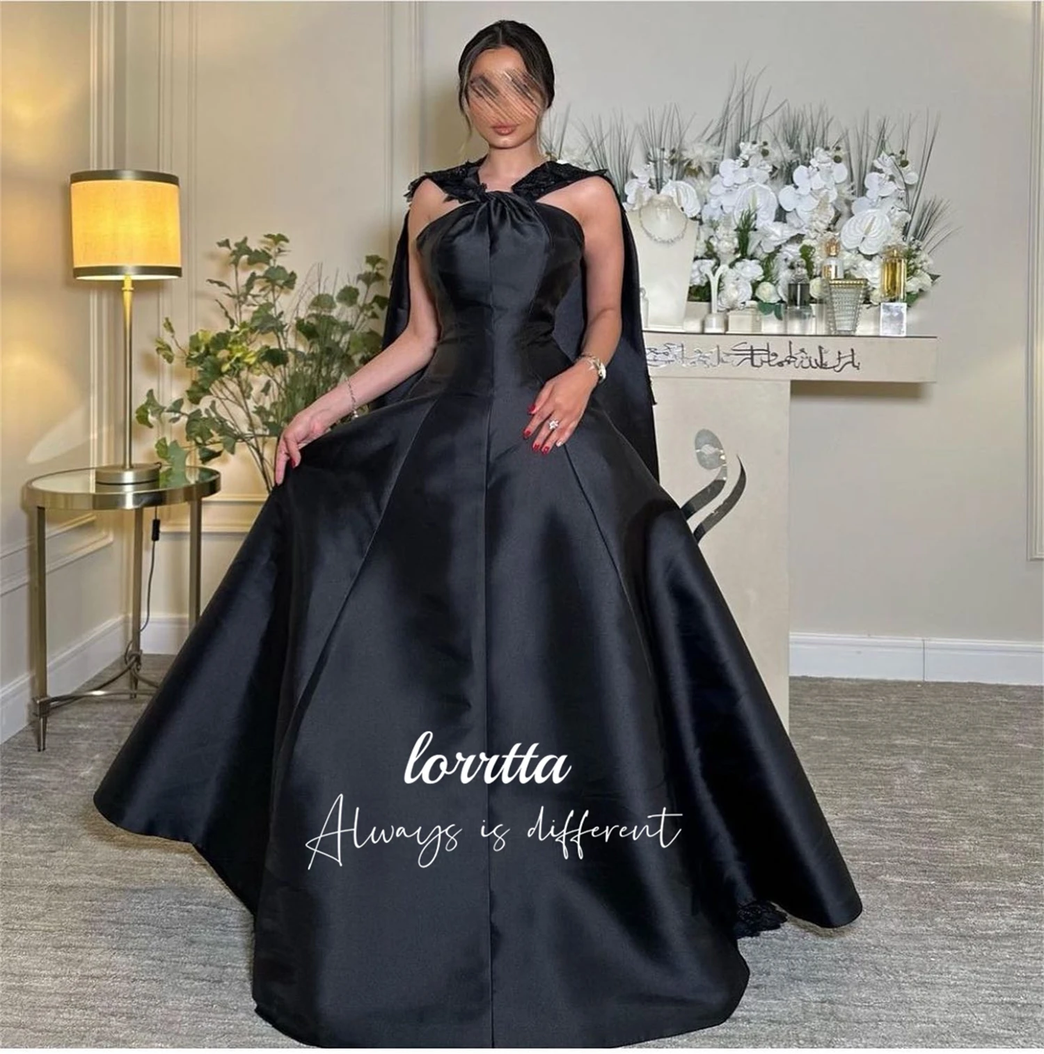 Lorrtta Formal Dress Black Line A Satin 3D dimensional Flower Shawl Luxury Evening Dresses 2024 Ball Gowns Prom Gown Customized