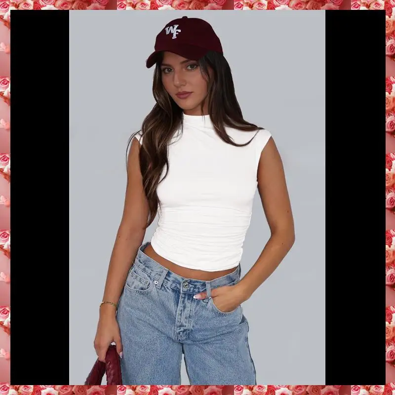 เสื้อครอปแขนกุดสําหรับผู้หญิงคอจําลอง Ruched เสื้อกล้าม Y2k ออกไปเสื้อ Solid Slim เสื้อพอดีตัว