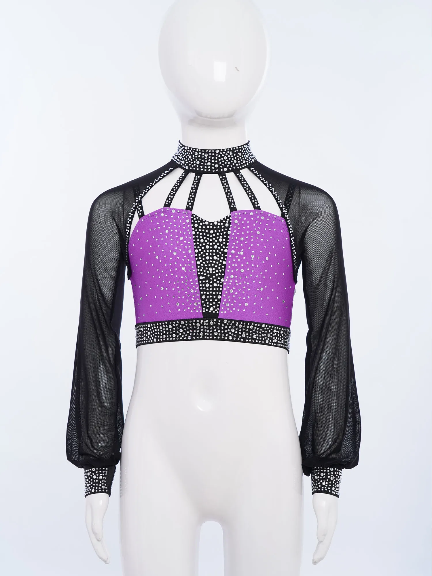 الفتيات الباليه الرقص الغنائي المحاصيل القمم طويلة الأكمام بقماش شفاف عارية الذراعين الراين اللاتينية الجاز الشكل التزلج الجمباز قميص علوي #3