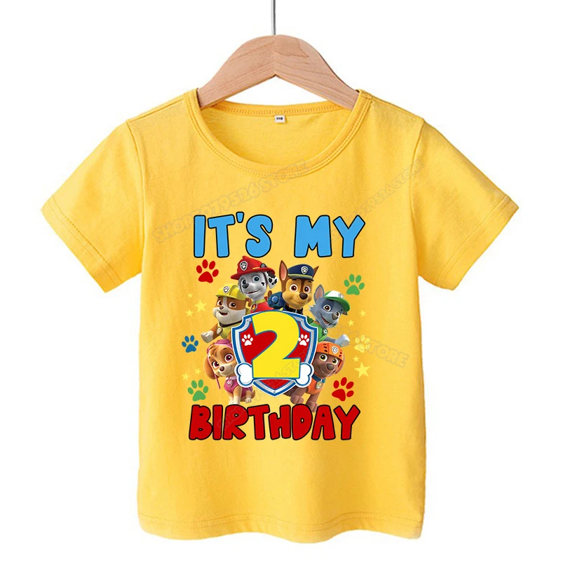 포파트롤 생일 숫자 티셔츠 만화 어린이 옷 체이스 스카이 러블 코튼 티셔츠 귀여운 남자아이 여자아이 여름 반팔 상의