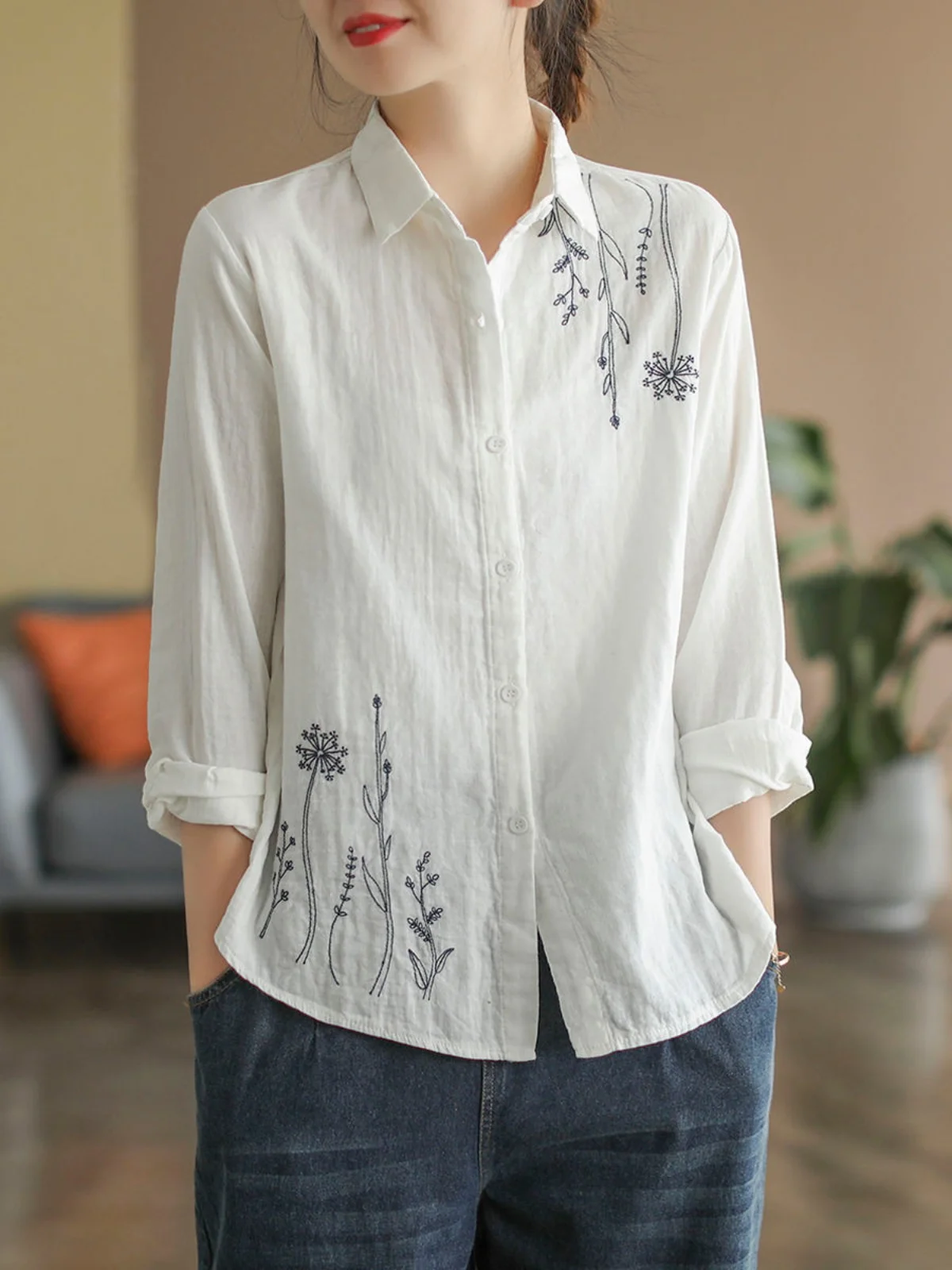 

Свободный повседневный однотонный простой комплект из хлопка и льна с вышивкой, длинный женский летний топ Sve irt, художественный свободный...