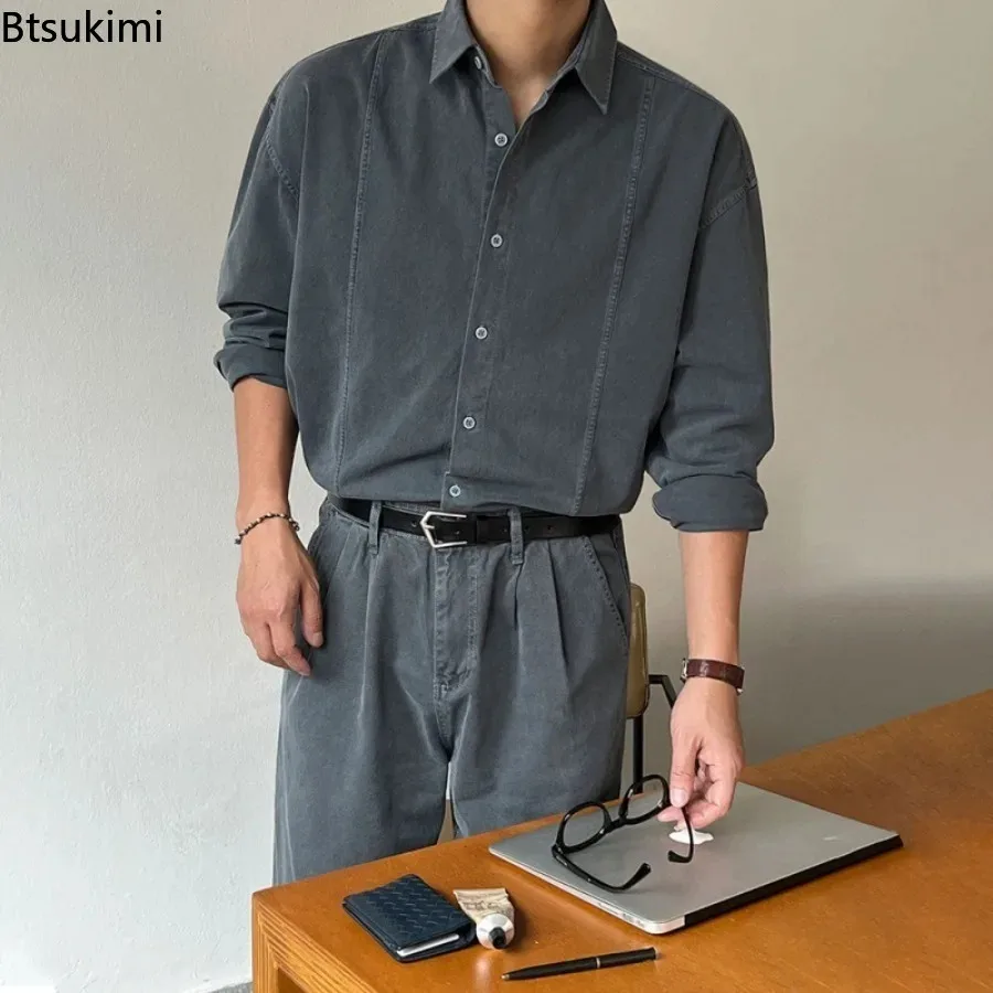

Retro Denim Washed Casual Shirt Men's Spring and Autumn Loose Long Sleeved Lapel Shirt Korean Version Trendy Denim Jacketcoat