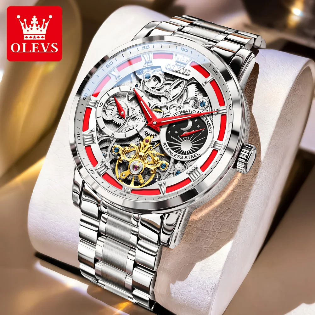 

OLEVS мужские часы, роскошные модные многофункциональные из тонкой стали, оригинальные автоматические механические наручные часы с фазой Луны, маховик 6670