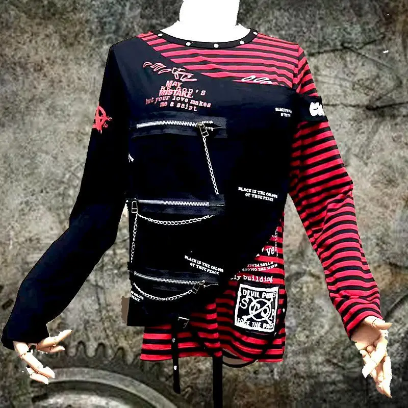 Kill Matt Rock Punk  Japanese Y2k Rivet chain Mens long sleeved Mens Splicing T-shirt Tops Skull Womens T-shirt Men's clothing