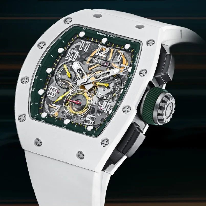 CRONUSART ساعة كرونوغراف للرجال 50 مللي متر Tonneau ساعة يد ميكانيكية أوتوماتيكية مضيئة الياقوت فلوروروبر حزام نوافذ ثلاثية #2