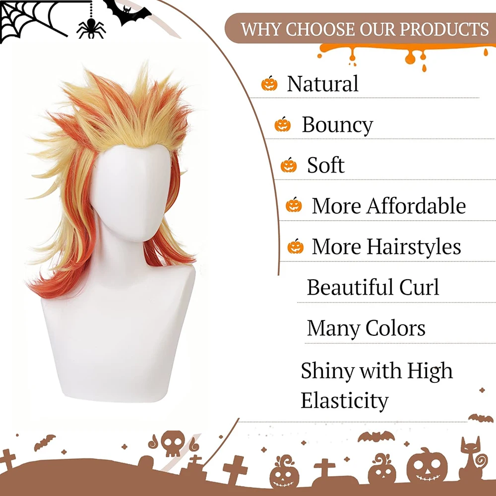 أنيمي رينجوكو كيوجورو شعر مستعار صناعي متدرج باللونين الأصفر والأحمر لكل من الرجال والنساء، شعر مستعار مقاوم للحرارة للحفلات اليومية #5