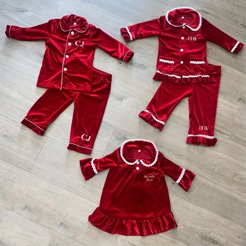 Velvet Ruffle Family Matching Pjs Christmas Kids pyjamsa Sibling Set Baby Clothes Boy And Girls Red Dress Pajamas Sets