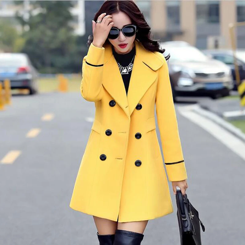 Autumn Winter Fashion Women Yellow Red Orange Wool Coat Double Breasted Coat Elegant Bodycon Wool Long Jackets Manteau Rouge