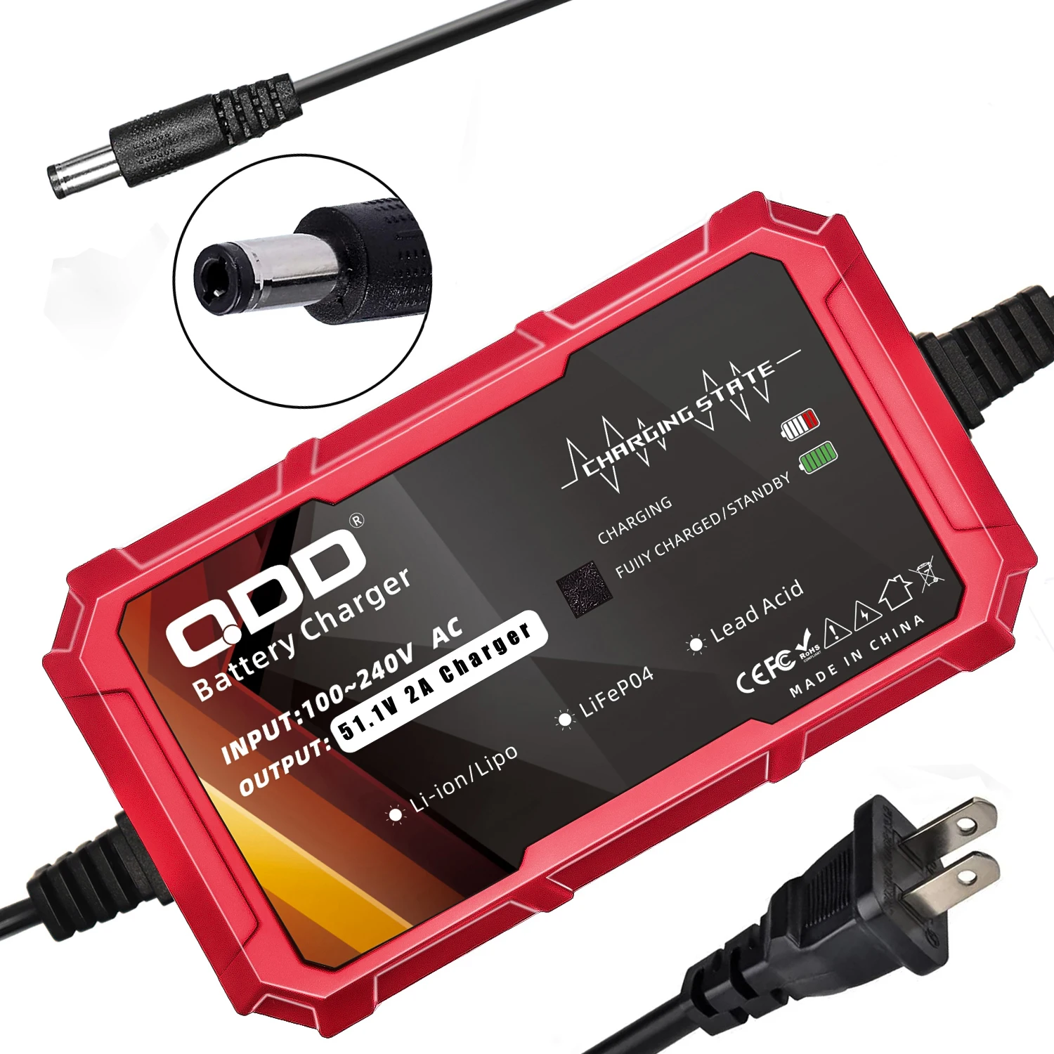 QDD 51.1V 2A LiFePO4 scooter Battery Charger For 14S 44.8V LiFePO4 Battery Pack with High quality Connectors