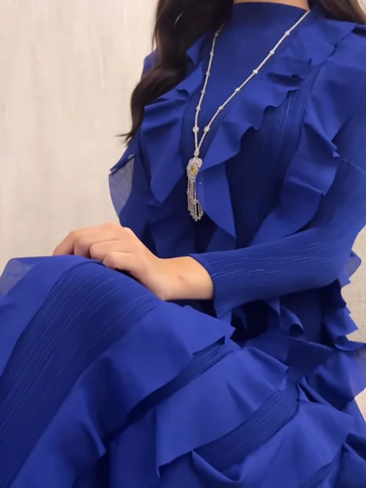 Miyake 플리츠 패션 드레스, O넥 긴팔, 스플라이스 프릴, 2023 여름 이브닝 파티 의류, 레이디 중동 핫세일