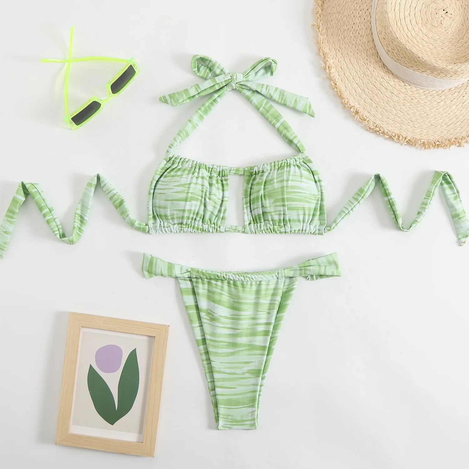 Sexy Bandeau Push Up Bikini Beach Swimwear Women Ruched String Swimsuit Printed Thong Bathing Suit Biquini Maillot De Bain Femme