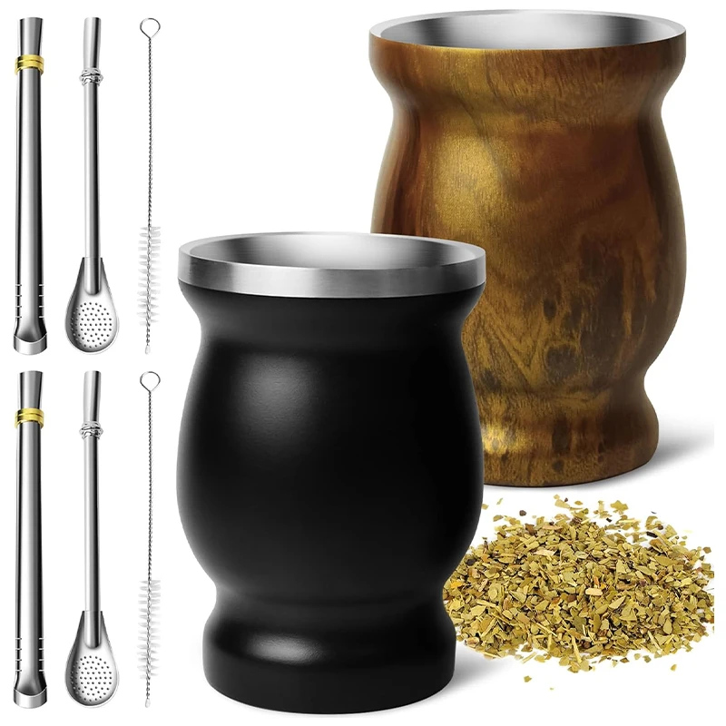Ensemble de tasses Yerba Mate en acier inoxydable, tasse à Double paroi avec 2 Bombillas, ensemble de gourde Yerba Mate avec paille et brosse de nettoyage