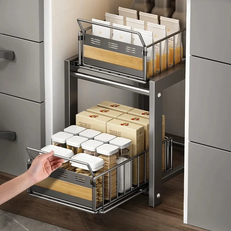 Layered Sink Storage Rack Kitchen Condiment Organizer Pull Basket Shelf Sink Cabinet Storage Efficient Under-Sink