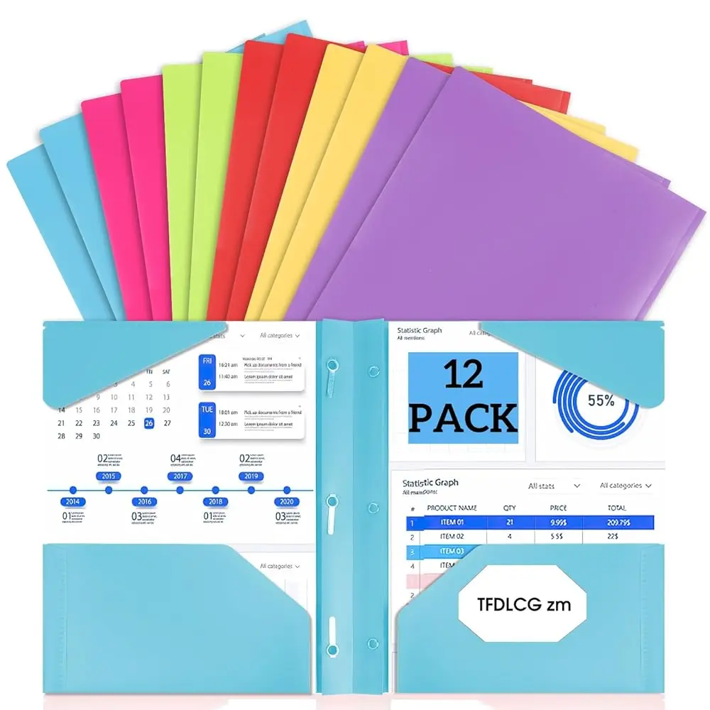 

12 PCS Plastic Folders with Pockets and Prongs Heavy Duty,Assorted Colors Poly 2 Pocket Folder with Brads,Durable 3 Prong Fil