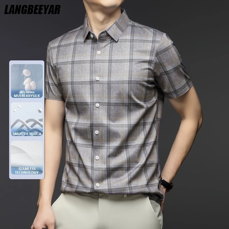 

High End 3.3% Mulberry Silk Anti-wrinkle New Summer Brand Plaid Fashion Korean Mens Shirt Short Sleeve Casual Men Clothes