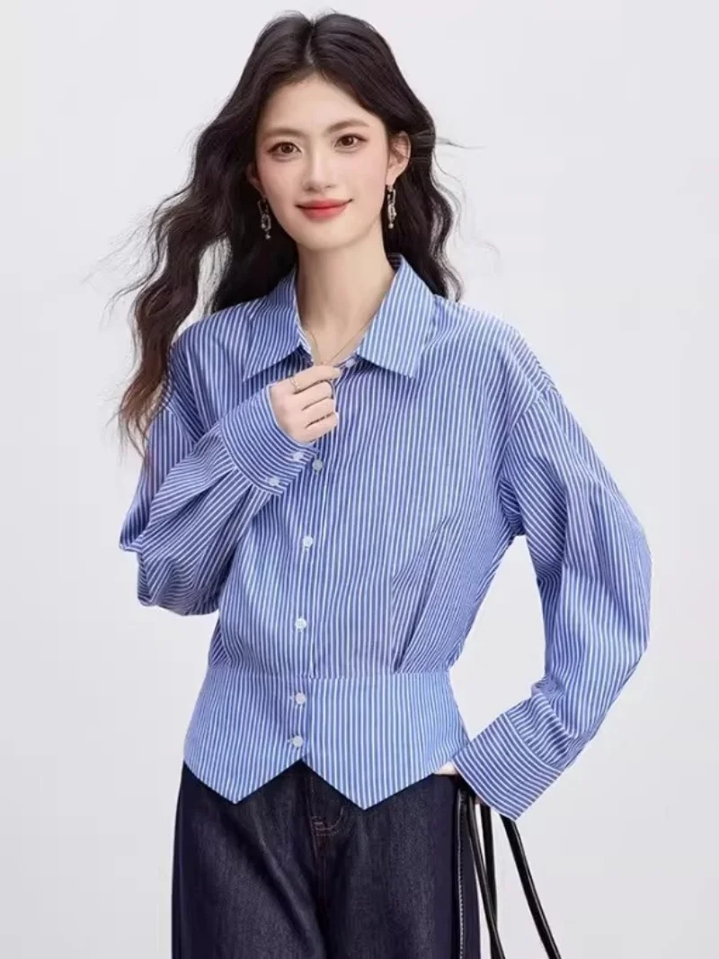 Stripe Shirt for Women 2026 Spring, Slim Fit High Waist Blouse, Wrinkle Free Office Wear Long Sleeve Top W2176