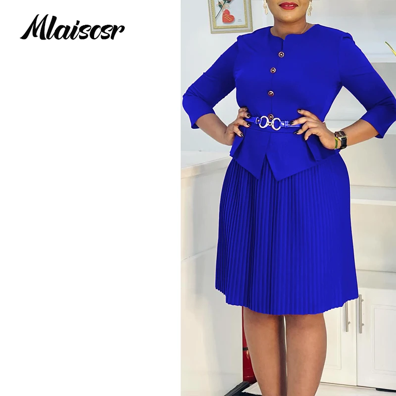 Mlaiscsr Elegant Office Dress with Belt for Women Blue O-Neck Peplum Pleated 3/4 Sleeves African Female Fall Evening Gowns Robe