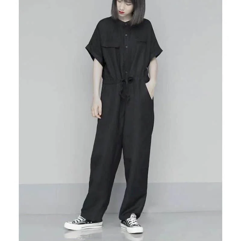 Solid Jumpsuits for Women Harajuku Lace-up Waisted Straight Pants One Piece Outfits Women Rompers Loose Casual Vintage Playsuits