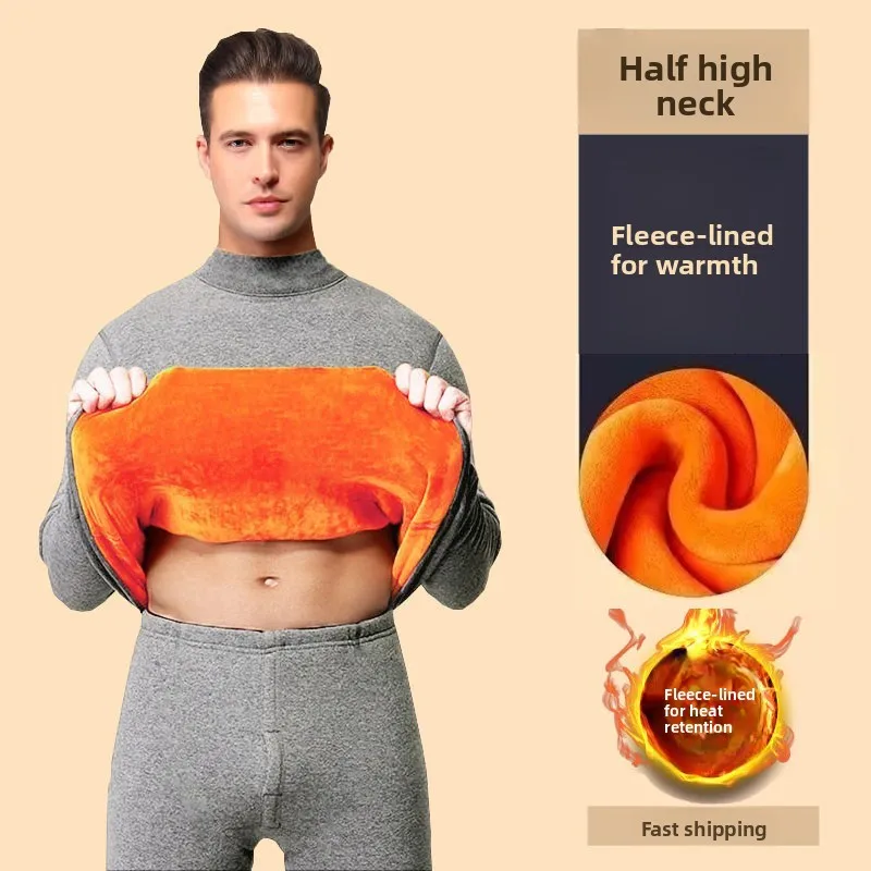 

Men's Thermal Underwear Set Fleece Lined Ultra Thick Winter Clothes Long Sleeve Polyester Fiber Design Pure Color
