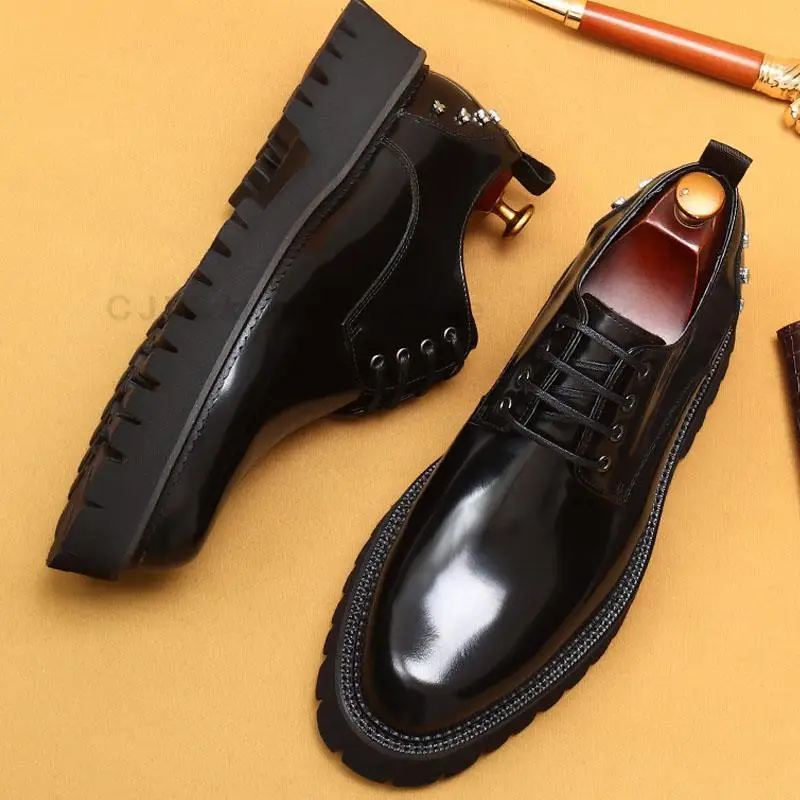 HKDQ Men's Oxfords Genuine Leather Male Wedding Party Dress Shoes For Men Round Head Lace-Up Office Suit Formal Derby Shoes