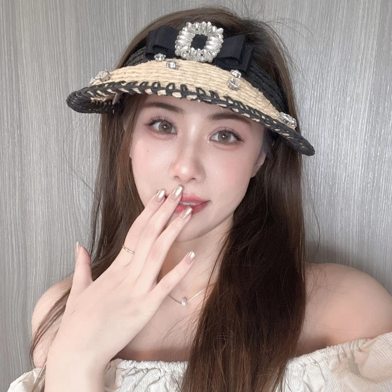 

​​2025 Raffia Sun Hat Women Crystal Embellished Bow UPF50+ Ponytail Beach French Style Adjustable Brim Headband Free Shipping​​
