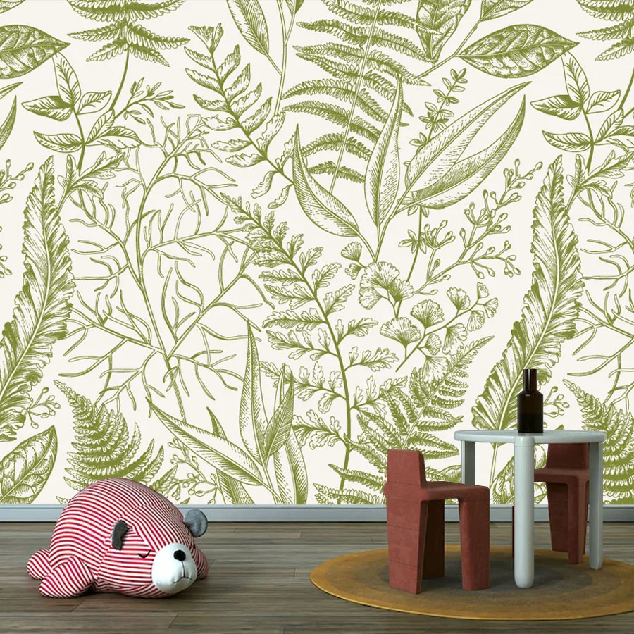 Waterproof Custom Modern Botanical Nature Sage Green Floral Leaf Wall Art Mural Floral Decor Wallpaper for Bedroom Living Room