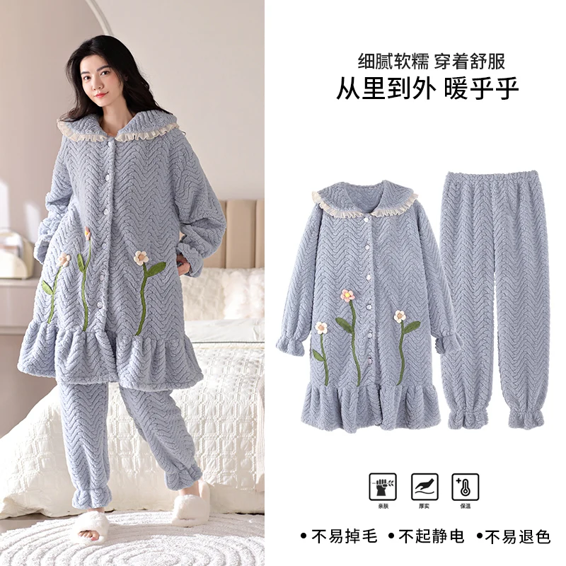 Sexy Robe + Pant Women Solid Kimono Robes Winter Thick Warm Flannel Robe Casual Soft Female Bathrobe