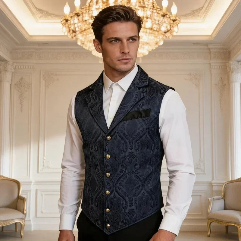 Men Vintage Victorian Suit Vest, Single‑Breasted Sleeveless Waistcoat, Floral Jacquard for Wedding Party Cosplay