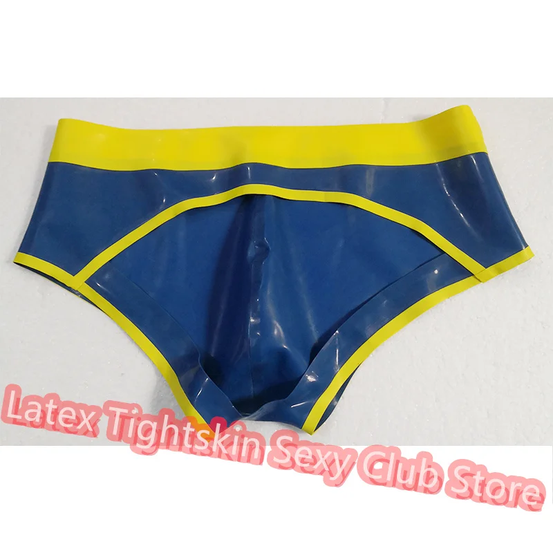 

Men Latex Briefs Panties Blue with Yellow Trim Sexy Fetish Shorts Handmade Underwear Club Wear for Men Cosplay Costumes