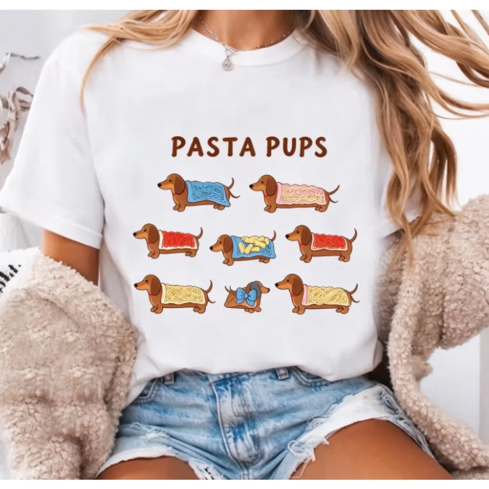 Pasta Pups Cute Dachshund Dog With Pasta Blanket Graphic T Shirt Funny Cartoon Animal Casual Short Sleeve Tee For Men Women