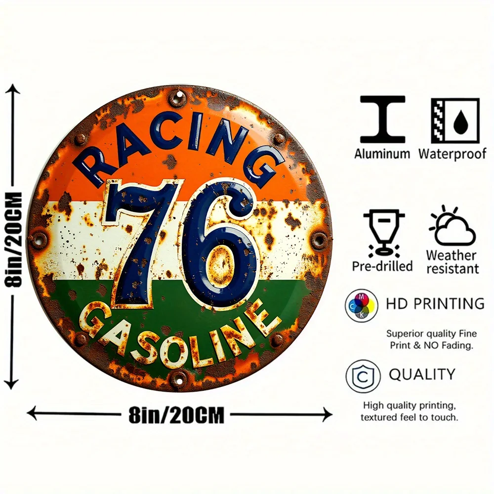 Racing 76 Vintage Gas Station Sign - 8-Inch Round Aluminum Metal Wall Decor with Racing, Bold Blue & Orange Retro Design - Garag
