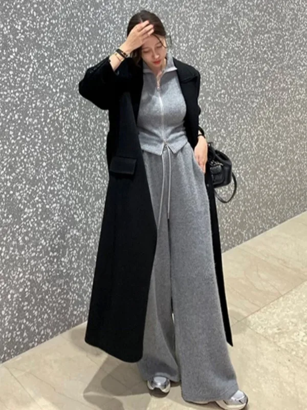 

Slim Fit Long Sve Knitted Set for Women with Double Zipper Stand Collar ort Top And Straight Leg Casual Pants