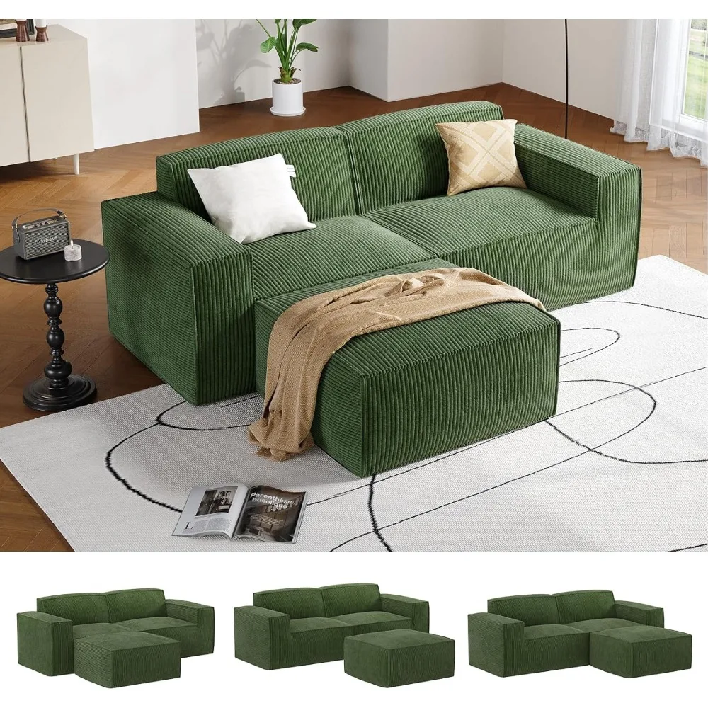 80-Zoll-Sofagarnitur in L-Form mit Chaiselongue, wolkenartigem Plüsch-Cordkissen und hohen Rückenlehnen für das Wohnzimmer