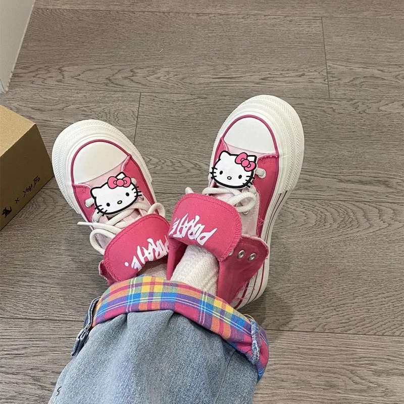 New anime Hello Kitty strappy breathable women's thick-soled non-slip wear-resistant cute casual sports high-top canvas shoes