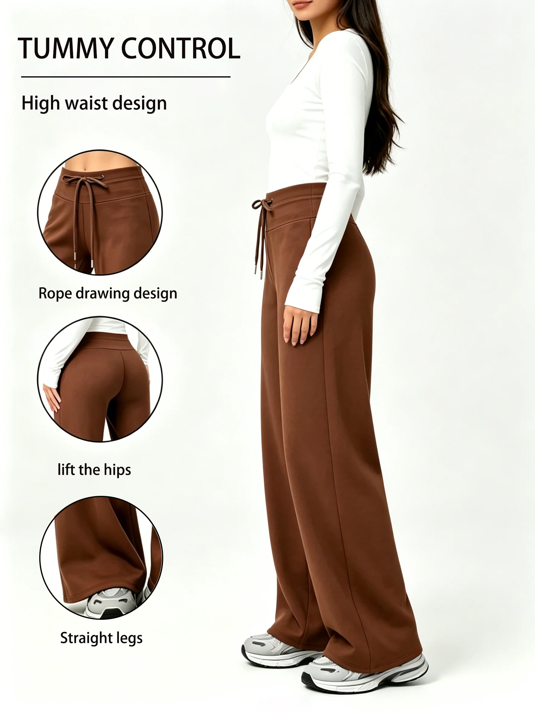 Damen High-Waist-Hose mit weitem Bein, verstellbarem Kordelzug, Bauch- und Hüftkontrolle, lässige und vielseitige lockere gerade Hose – Detail 3