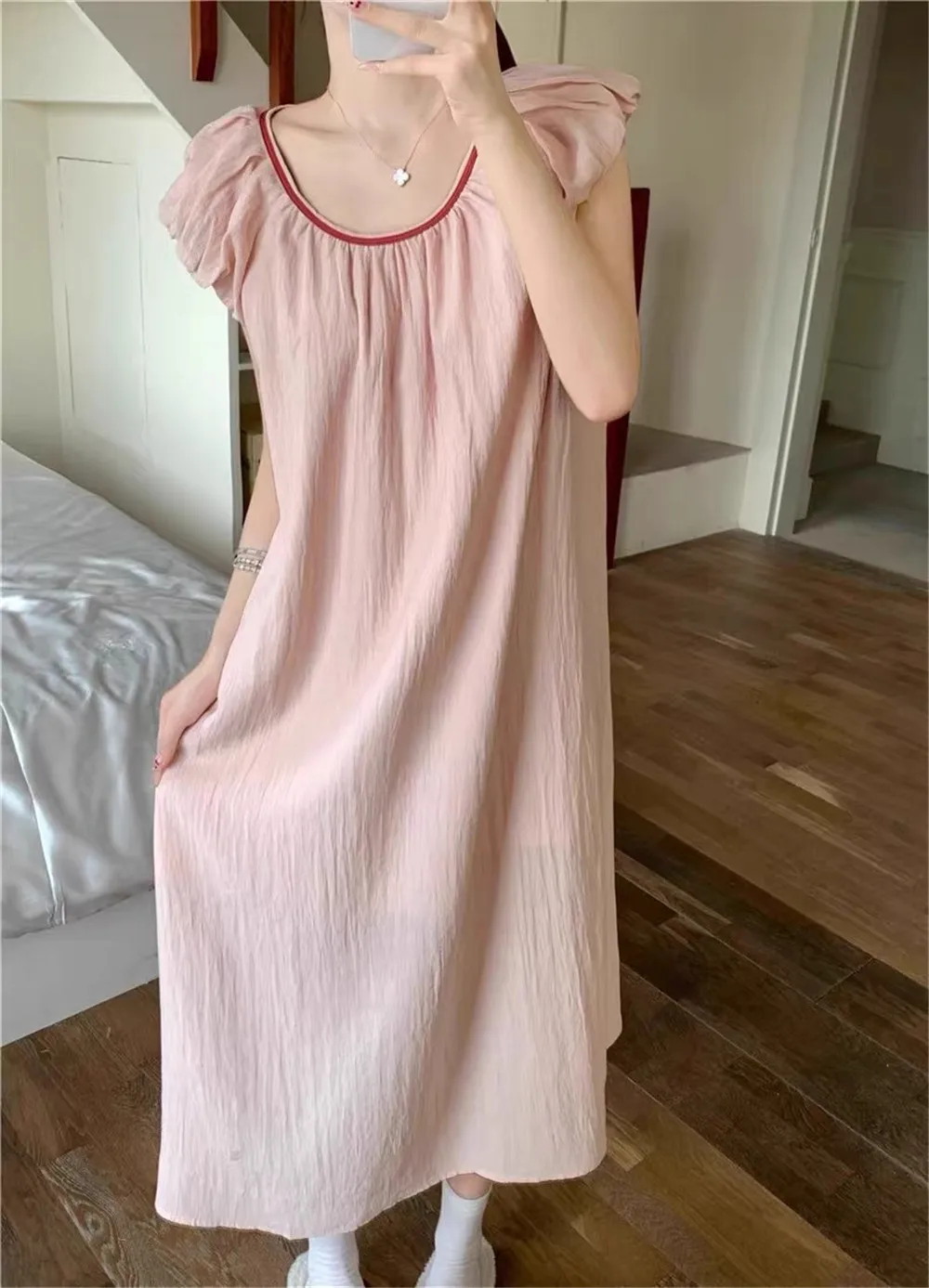 فستان نوم قطني مثير للنساء فستان صيفي ربيعي للمنزل برقبة دائرية بدون أكمام ملابس نوم طويلة