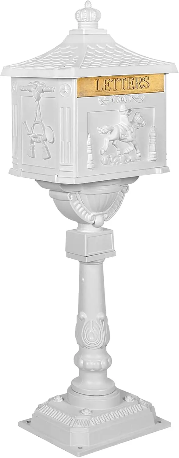 Cast Aluminum Outdoor Mailbox, Heavy Duty Lockable Security Postal Box For Yard Lawn House Entryway Decor, Weatherproof Mail Storage Container, Classic White