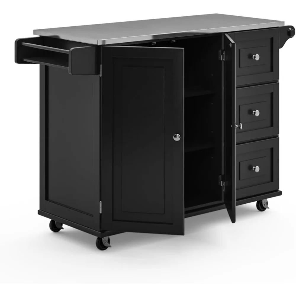 Kitchen Cart with Stainless Steel Metal Top, Rolling Mobile Kitchen Island with Storage and Towel Rack, 54 Inch Width, Black