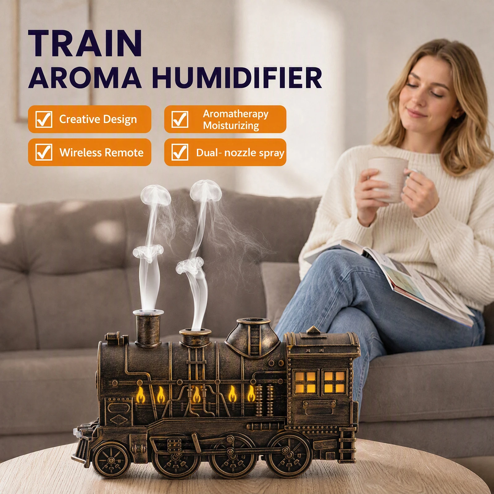 Creative Train-Shaped Aroma Diffuser with Ambient Lights & 2-level Timer, USB-Powered Air Humidifier for Office Home US Plug