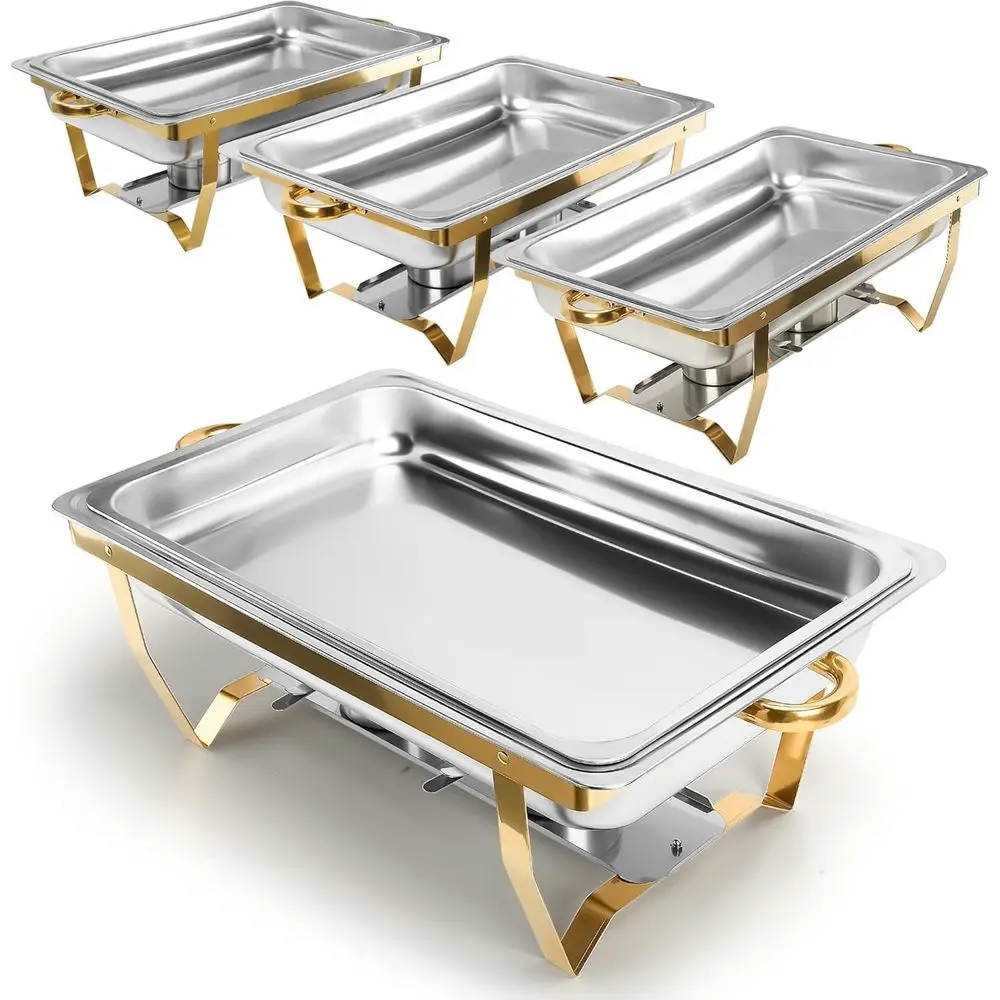

4-Piece Buffet Chafing Dishes Set, 9 Quart Gold Stainless Steel with Folding Stand, Ideal for Parties, Weddings, and Holidays