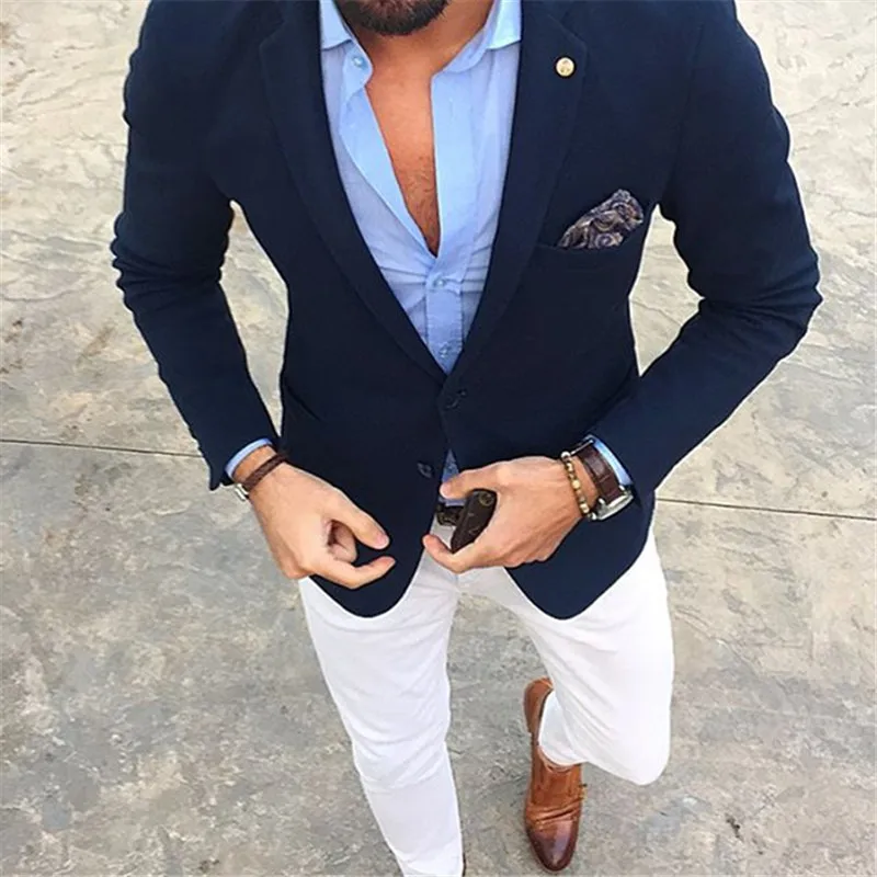 Casual Blue Men Suits Costume Homme 2 Pieces (Jacket+Pant) Fashion Terno Masculino Groom Latest Coat Pant Design Blazer