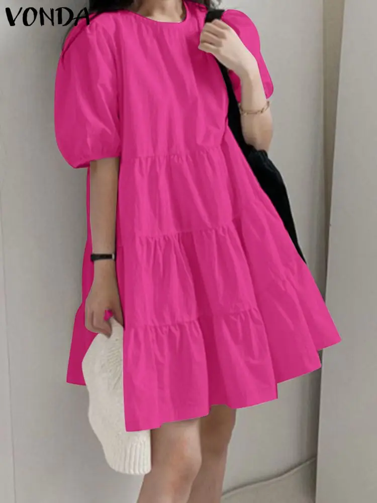VONDA Fashion Mini Dress Women Summer Sundress 2024 Elegancka sukienka z okrągłym dekoltem i falbaną w jednolitym kolorze Party Vestido Robe Femme z krótkim rękawem